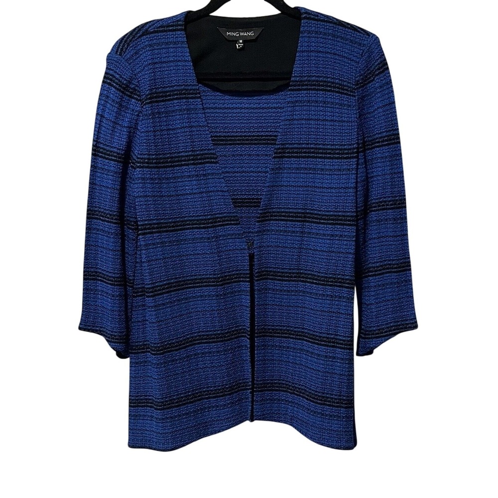 MING WANG Jacket‎ Women's Medium Blue Striped Knit Top Hook Closure Asymmetrical
